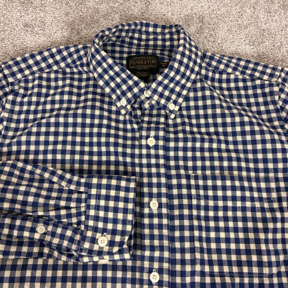 Pendleton Wool Blend Button Down Shirt Womens Medium Fitted Gingham Stretch Blue